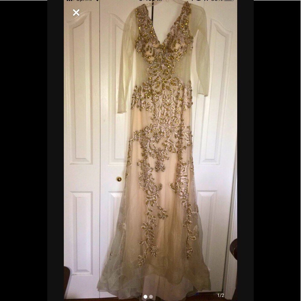 Long Sleeve Gold Evening Gown Size 6